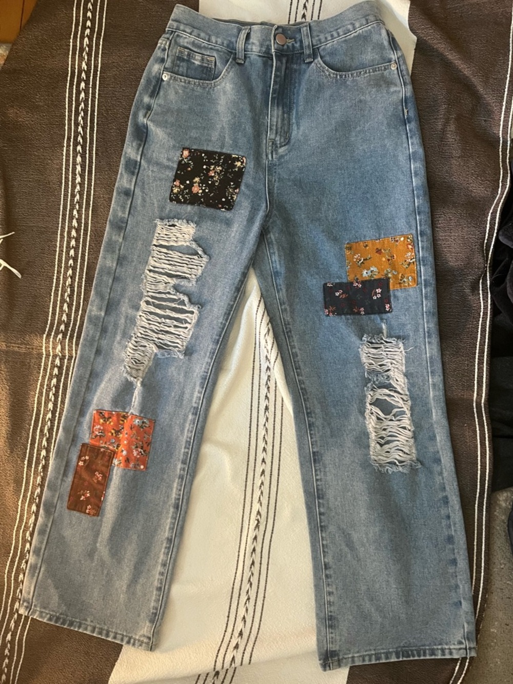 Cider Light Blue Straight-Leg Jeans with Floral Patchwork